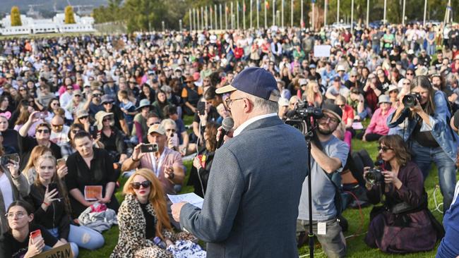 Prime Minister Anthony Albanese speaks at the No More! National Rally Against Violence march at Parliament House in Canberra. Picture. NCA NewsWire / Martin Ollman