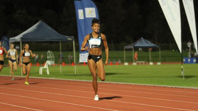 Morgan Mitchell dominates the 400m at the Hunter Track Classic in Newcastle. Picture: David Tarbotton.