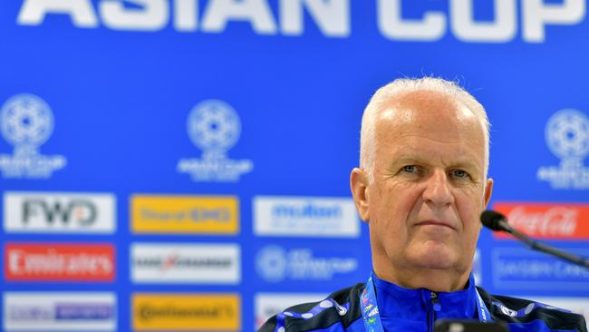 Syria's German coach Bernd Stange gives a press conference at Sharjah stadium in Sharjah on January 5, 2019, a day ahead of his team's match against Palestine in the 2019 AFC Asian Cup. (Photo by GIUSEPPE CACACE / AFP)