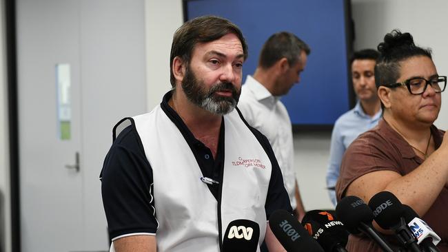 Andrew Robinson, chair of local disaster Management group, speaks to the media at the press conference held at Townsville's local Disaster Management Centre on Friday February 7. Picture: Shae Beplate.