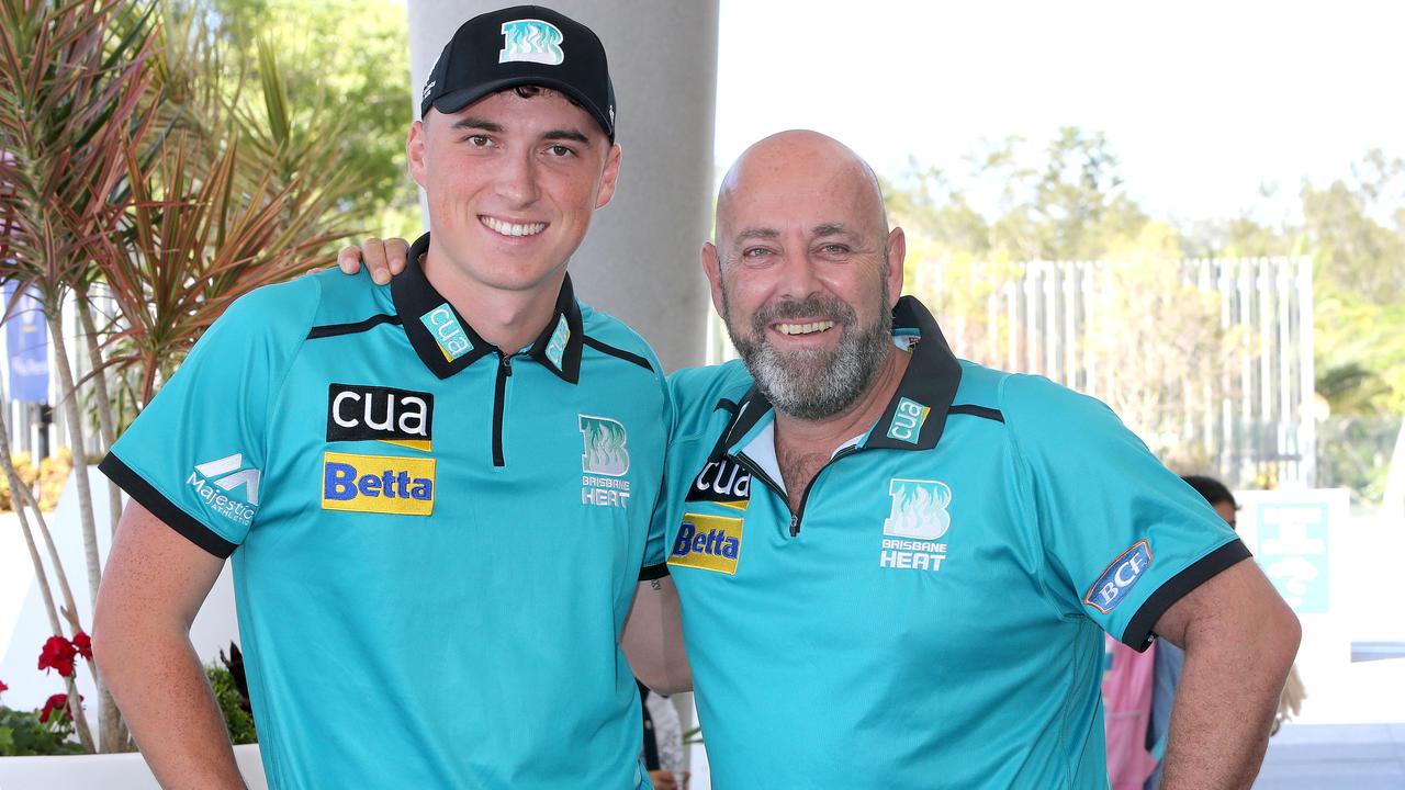 Tom Banton with Brisbane Heat coach Darren Lehmann. Picture: Mike Batterham