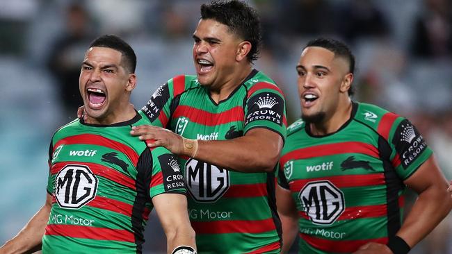 Cody Walker (K) and Latrell Mitchell (C) provide the attacking spark and forwards like Keaon Koloamatangi provide the grunt. Picture: Matt King/Getty Images