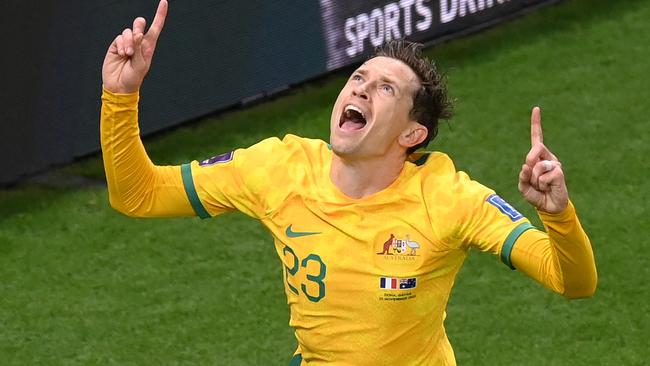 Craig Goodwin of Australia celebrates scoring his side's first goal during the World Cup