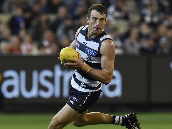 Enright held the games record at Geelong until Joel Selwood surpassed him in the Cats’ recent semi-final win. Picture: Tracey Nearmy / AAP