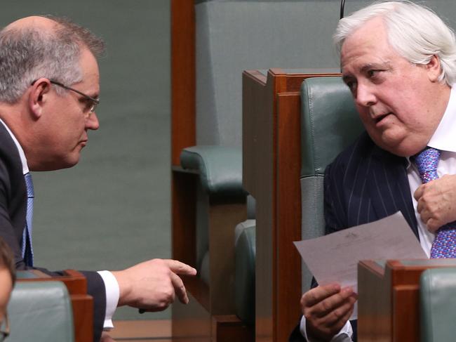 Clive Palmer with Scott Morrison during Question Time. Picture: Gary Ramage