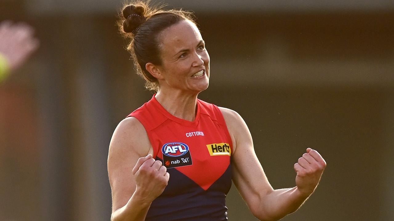 MELBOURNE, AUSTRALIA - MARCH 12: Daisy Pearce of the Demons celebrates kicking a goal during the round 10 AFLW match between the Melbourne Demons and the Carlton Blues at Casey Fields on March 12, 2022 in Melbourne, Australia. (Photo by Quinn Rooney/Getty Images)