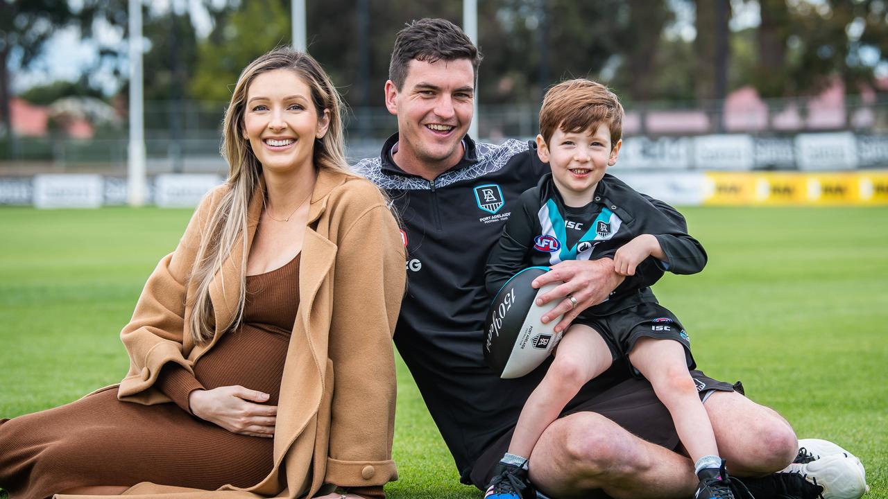 Rockliff with wife Sharna and son Jack after he announced his retirement. Picture: Tom Huntley
