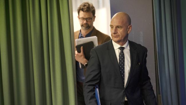 Tasmanian Premier Peter Gutwein and the Acting Director of Public Health Scott McKeown arrive at the COVID-19 update. Picture Chris Kidd