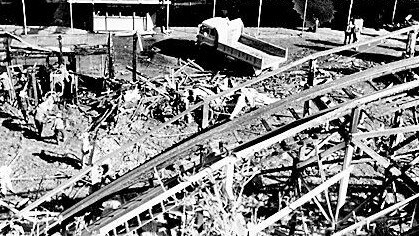 An aerial view of the damage following the fire on the Ghost train ride at Luna Park in 1979. Picture: Fire Australia's First Century Historical