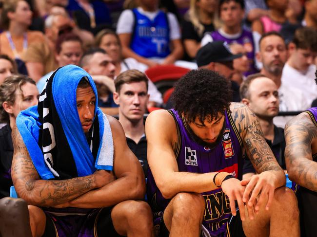 Jaylen Adams and Denzel Valentine look on from the bench during the loss to Melbourne United. Photo: Getty