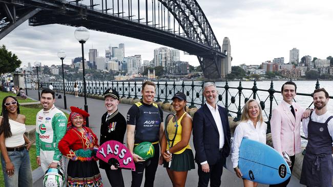 DAILY TELEGRAPH - 28.11.24Sydneysiders from sport, entertainment, hospitality and other interests pictured at Hickson Road Reserve this morning. L to R, Angelica Osuji, Thomas Randle, Yanina Beltran, Matt Lee, Sam Newton, Destanee Aiava, Tourism Minister John Graham, Jennifer Vandekreeke, Giorgio Gervasoni, and Josh Raine. Picture: Sam Ruttyn