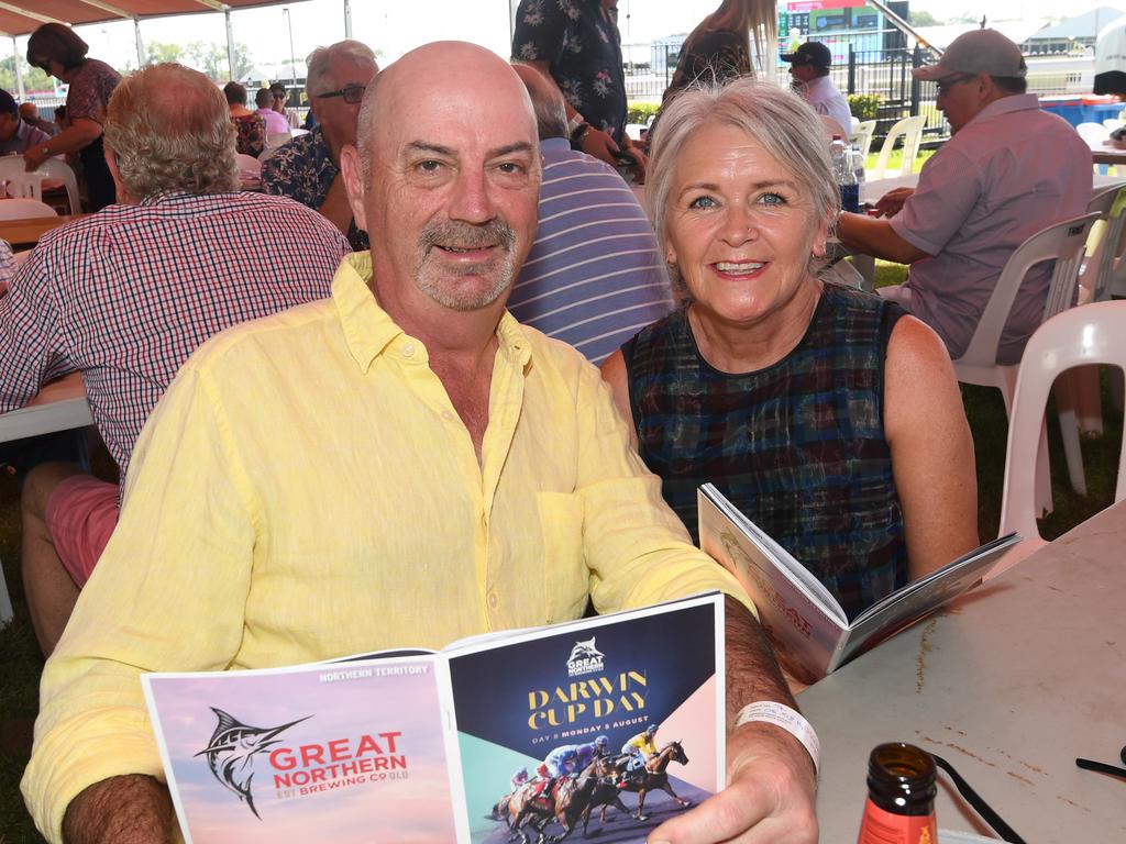 Jeff and Donna Thornycroft enjoy the 2019 Darwin Cup. Picture: KATRINA BRIDGEFORD