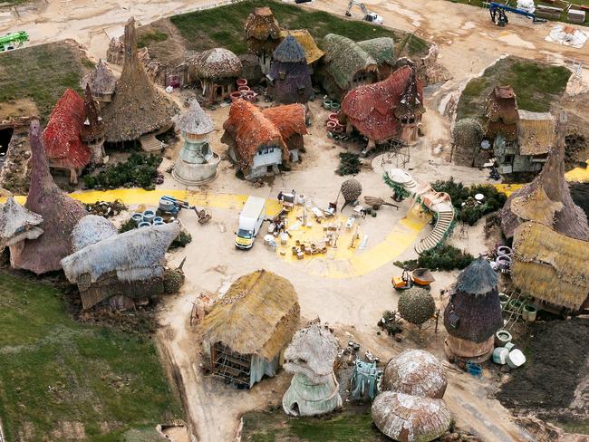 A drone view shows the set of a new film production of Wicked, starring singer Ariana Grande, in Buckinghamshire, England. Filming has been brought to a halt due to the US actors strike. Picture: Leon Neal / Getty Images