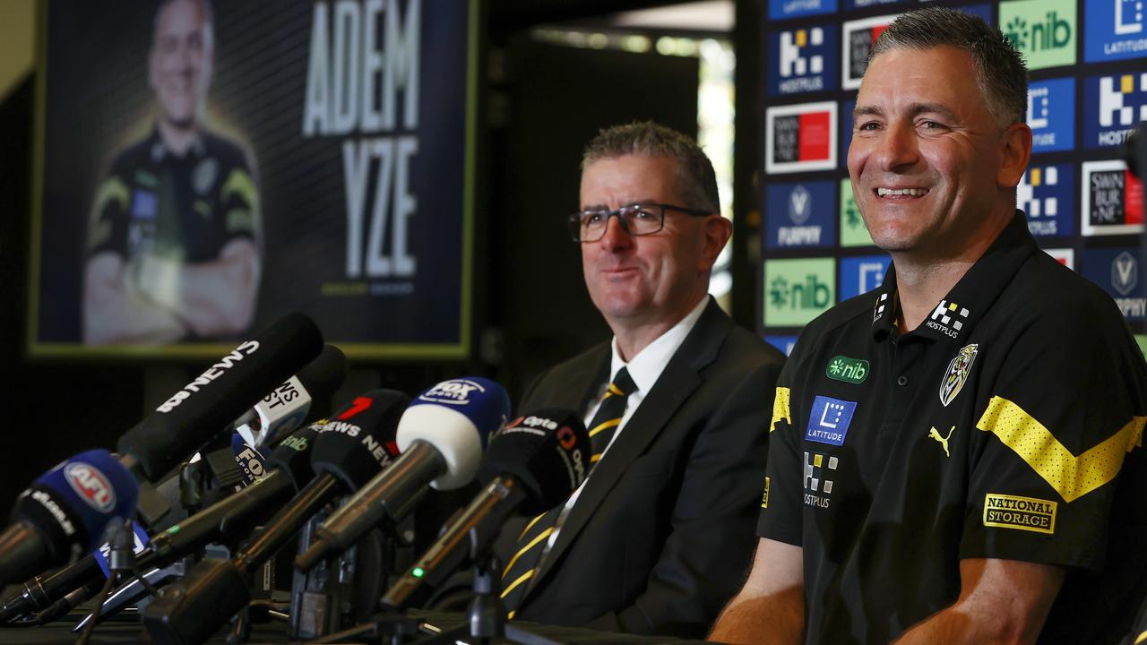 Richmond coach Adam Yze faces the media with president John O'Rourke. Picture: Michael Klein