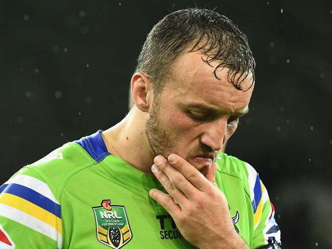 MELBOURNE, AUSTRALIA - SEPTEMBER 24:  Josh Hodgson of the Raiders looks dejected after losing the NRL Preliminary Final match between the Melbourne Storm and the Canberra Raiders at AAMI Park on September 24, 2016 in Melbourne, Australia.  (Photo by Quinn Rooney/Getty Images)