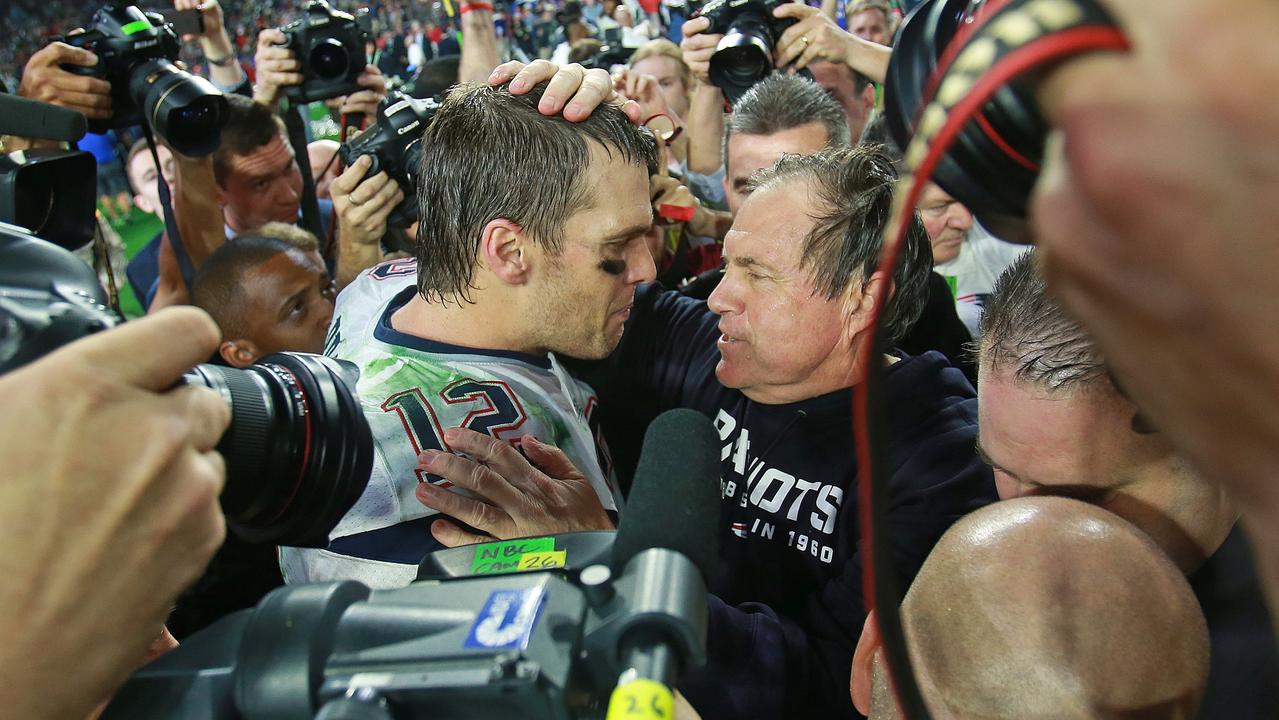 Belichick and Tom Brady after the 205 Super Bowl win. Photo by Matt West/MediaNews Group/Boston Herald via Getty Images