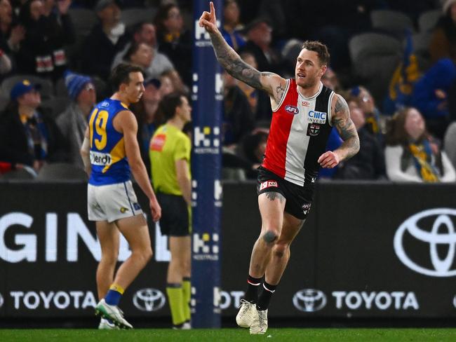 Tim Membrey kicks a goal for St Kilda. Picture: Morgan Hancock/Getty Images