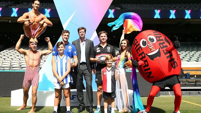 AFL CEO Gillon McLachlan, centre, during the launch of the AFLX. Picture: Michael Dodge/Getty