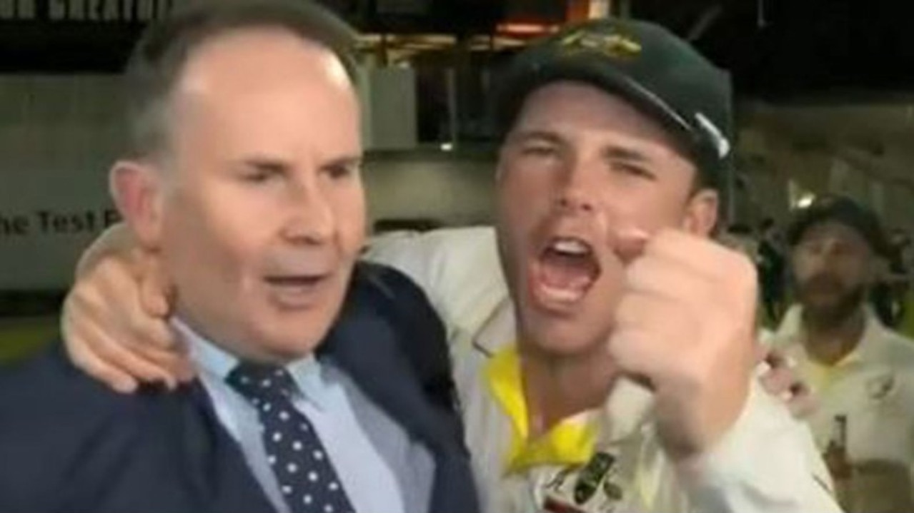 Australian batsman Marcus Harris ambushes a live cross with the Today Show during Australia's celebrations after securing the Ashes in 2019.