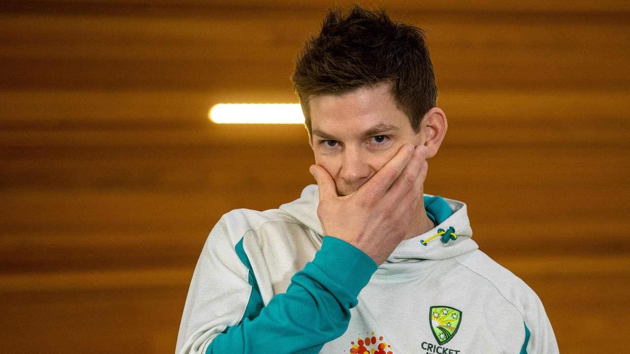 Australia cricket team captain Tim Paine gestures at a press conference to discuss his preparation to defend the Ashes against England this summer, at the National Cricket Centre in Brisbane on June 14, 2021. (Photo by Patrick HAMILTON / AFP) / IMAGE RESTRICTED TO EDITORIAL USE - STRICTLY NO COMMERCIAL USE