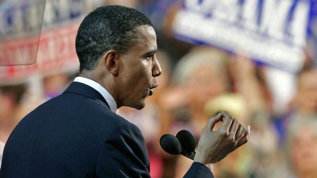 Illinois Senate candidate Barack Obama speaking to delegates at the Democratic National Convention in Boston on July 27, 2004.