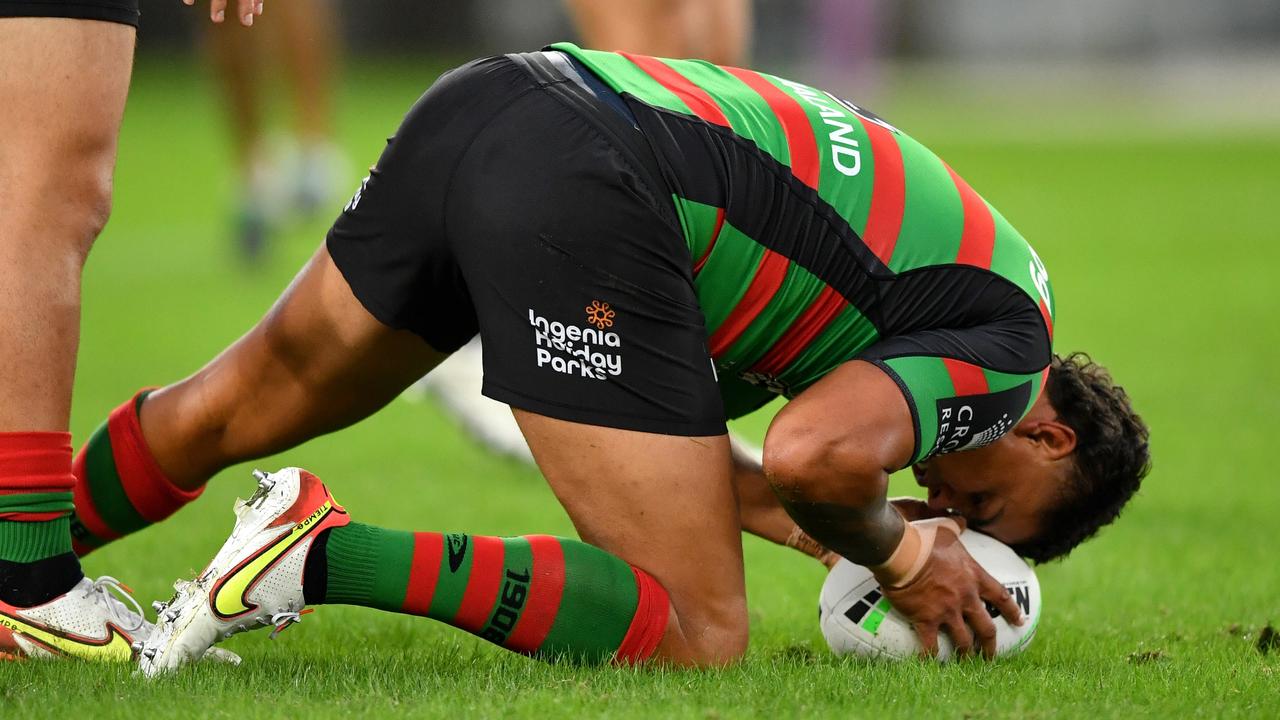 Latrell Mitchell down with a hamstring injury. Picture: NRL Photos/Gregg Porteous