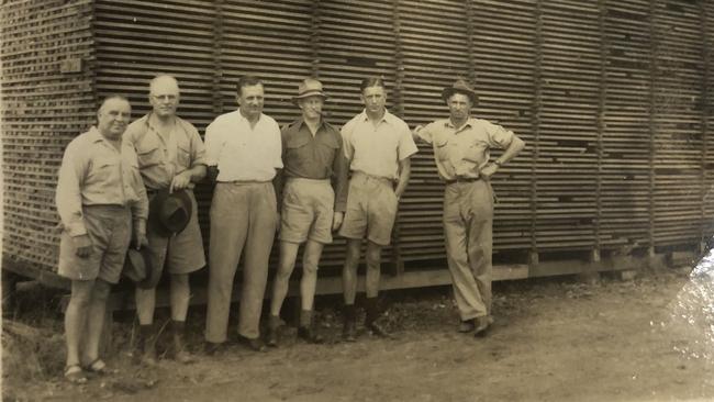 Allies Creek mill from left, Eric Crooke, Fred Straker (Frank's father), Alan Trist. unknown forestry officer, Frank Straker, Bill Ryan (mill manager). Picture: John Crooke