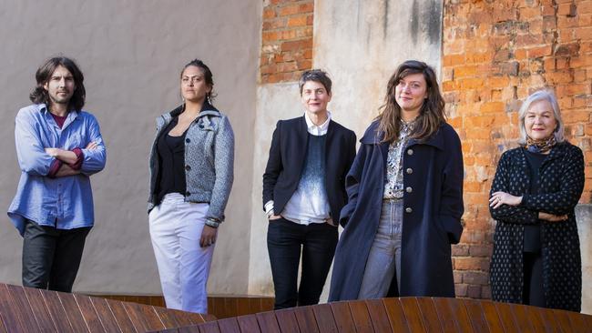 Hobart Current creative director Rosie Dennis (centre) with Tasmanian artists L-R Jacob Leary, Sinsa Mansell, Nadege Philippe-Janon and Brigita Ozolins in 2019. Picture: Richard Jupe