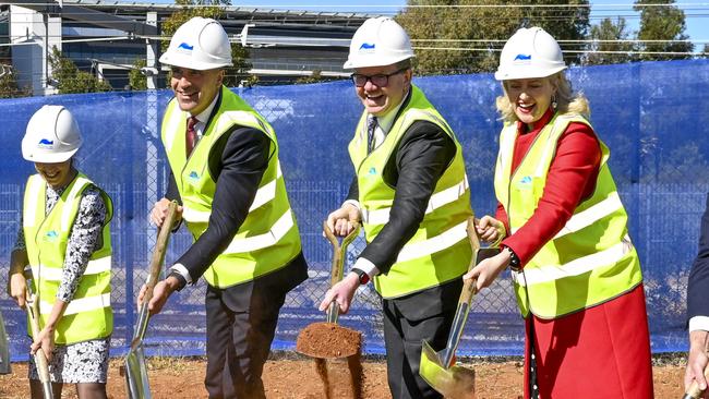 Premier Peter Malinauskas, Health Minister Chris Picton and Adelaide MP Lucy Hood turn the first sod for the new Women's and Children's Hospital on April 30. Picture Mark Brake