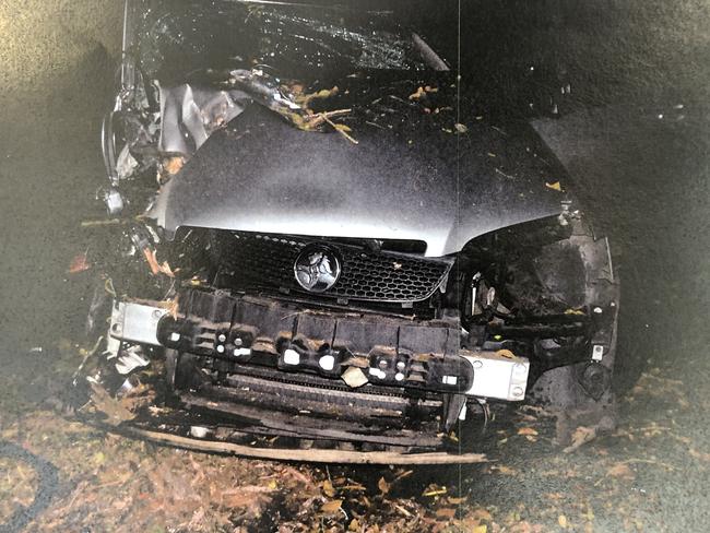 Crash scene pictures tendered in court of Marlee Rose Kelley's Holden Commodore after ploughing into a tree at Wyongah. Picture: supplied.