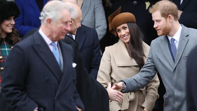 Harry and Meghan with then Prince Charles and Catherine, Duchess of Cambridge at the Christmas Day Church servicein 2017. Picture: Getty Images.