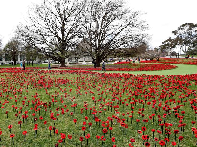 A display of 62,000 handcrafted poppy flowers in the Australian War Memorial Sculpture Garden in Canberra to mark the Armistice centenary.