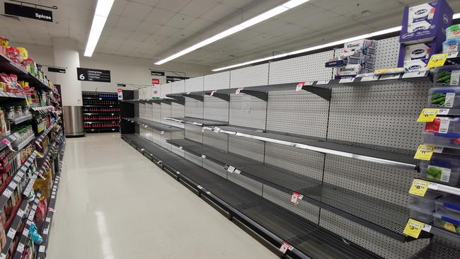 Panic-buying stripped Woolworths shelves in March. Picture: Sam Ruttyn