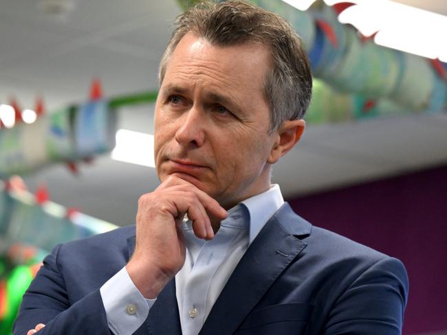 DARWIN, AUSTRALIA. MARCH 13, 2024..Australian Education Minister Jason Clare speaks to the media after attending a school assembly at Stuart Park Primary in Darwin, NT, Wednesday, March 13, 2024. PICTURE:  Lukas Coch/ Pool/ NCA NewsWire