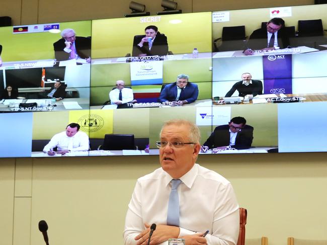 Prime Minister Scott Morrison holds a National Cabinet meeting with all the State leaders at Parliament House in Canberra on Friday, August 7, 2020. Picture: Adam Taylor/PMO