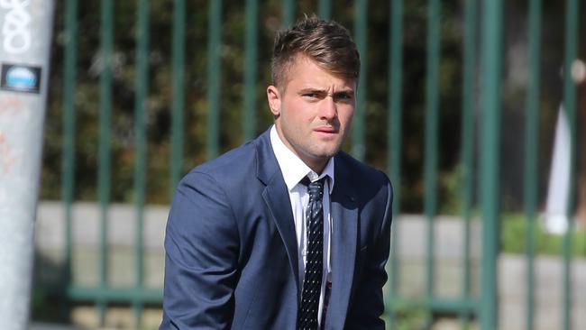 Parramatta Eels player Jaeman Salmon arrived at Sutherland Local Court on crutches charged with low range drink driving. Picture: John Grainger