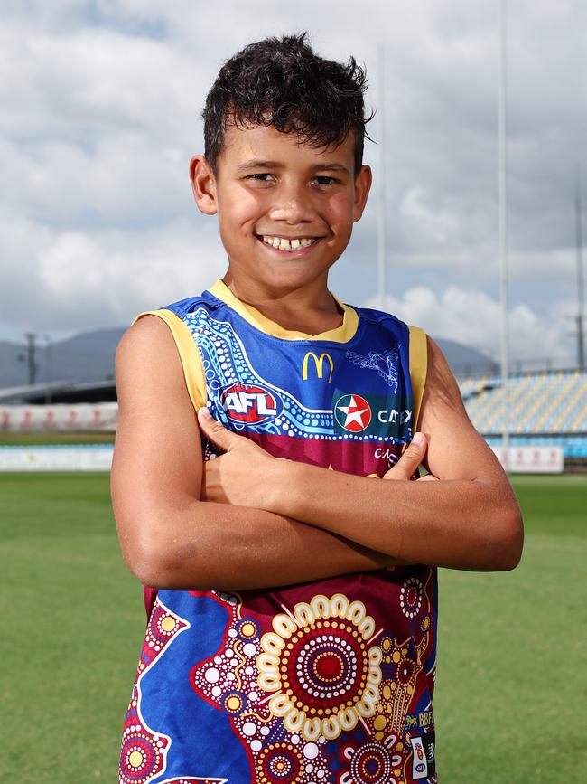 James Hanlon, 9, will be cheering on his brother-in-law Callum Ah Chee, who he affectionately refers to as his brother. Picture: Brendan Radke