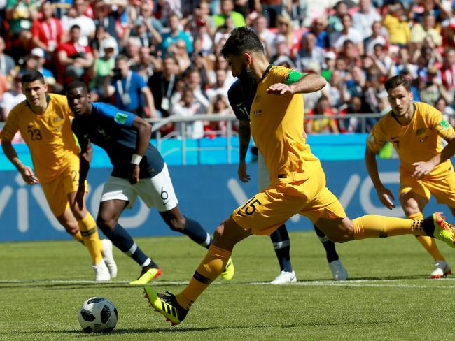 Slotting home the penalty goal against France at Kazan Arena. Picture: Toby Zerna