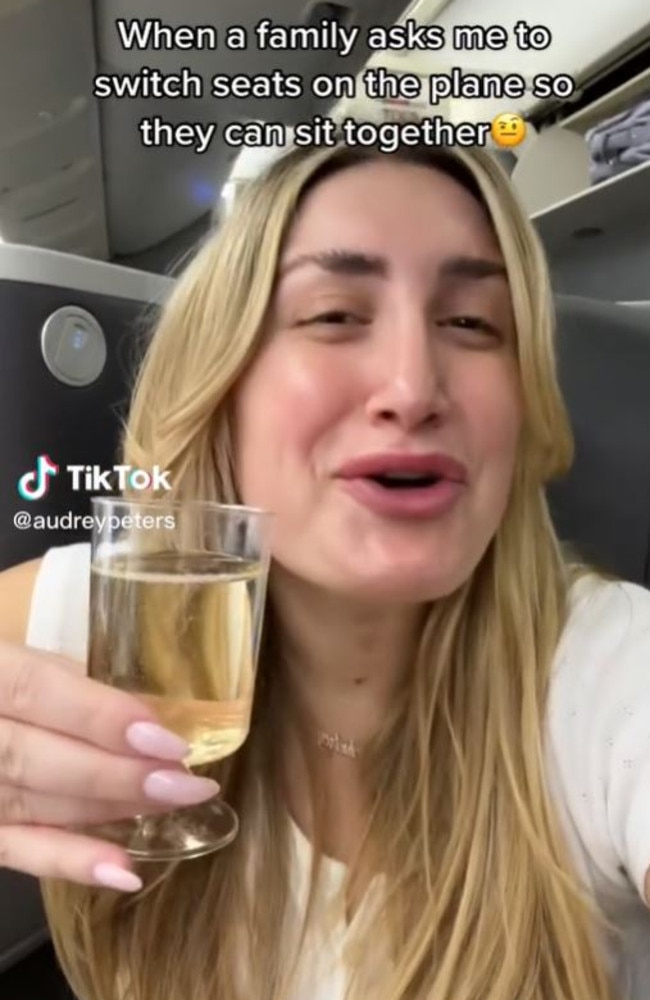 TikTok star Audrey Peters from the US shared a clip revealing she refused to switch seats with a family. Picture: TikTok/audreypeters