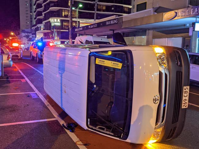 The scene at Nind St in Southport after the stolen van was crashed. Picture: Keith Woods.