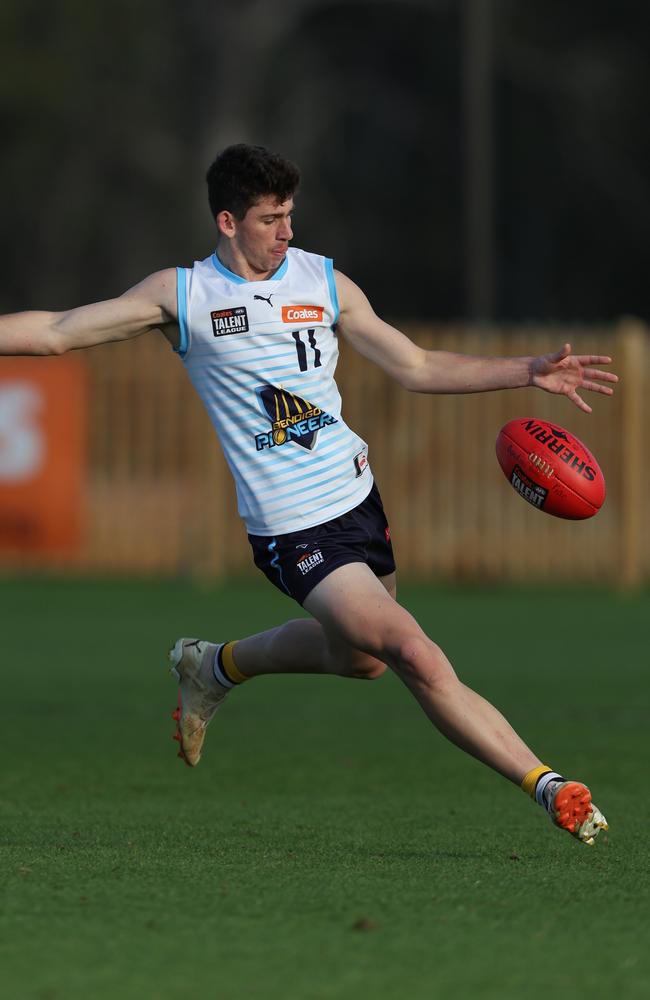 Connor Evans kicks long. (Photo by Rob Lawson/AFL Photos)