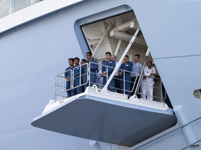 The crew of the Ovation of the Seas watch on during the Maori blessing. Picture: Brett Phibbs