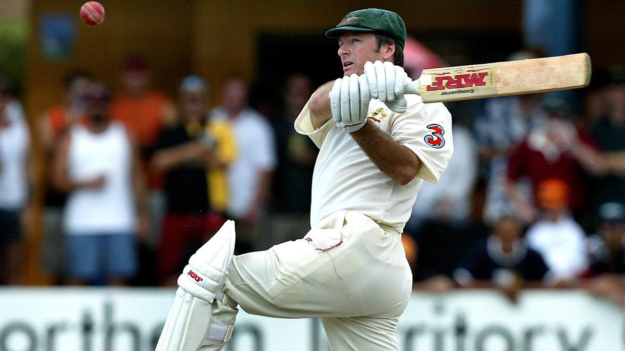 JULY 19, 2003: Australian captain Steve Waugh goes down on one knee as he plays a pull shot during the first Test, Australia v Bangladesh, at Marrara Oval.