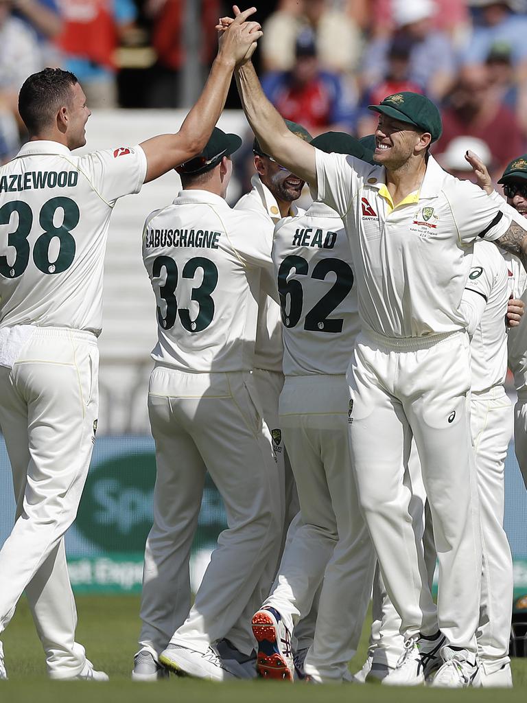 Josh Hazlewood celebrates with James Pattinson during the 2019 Ashes. Photo by Ryan Pierse/Getty Images.