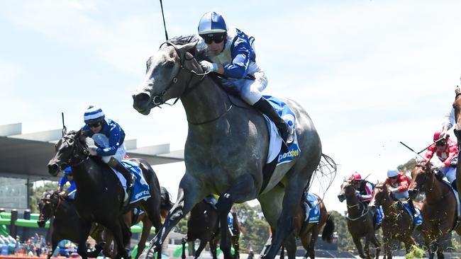 My Gladiola storms to victory in the Blue Diamond Fillies Preview for jockey Jamie Mott at Sandown. Picture: Pat Scala/Racing Photos via Getty Images