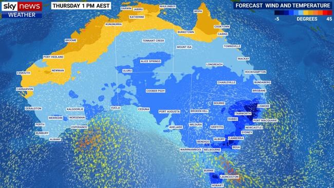 The cold change is expected to impact much of Australia this week, with the areas in blue indicating temperatures at or below 20C.