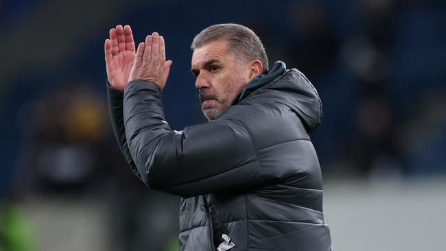 SINSHEIM, GERMANY - JANUARY 23: Ange Postecoglou, Manager of Tottenham Hotspur, applauds the fans at the end of the UEFA Europa League 2024/25 League Phase MD7 match between TSG 1899 Hoffenheim and Tottenham Hotspur at Rhein-Neckar-Arena on January 23, 2025 in Sinsheim, Germany. (Photo by Alex Grimm/Getty Images)