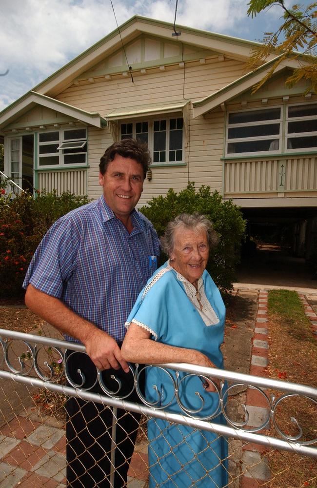 Tony Raggatt with his mum as part of a story on Cyclone Althea. Picture: Scott Radford-Chisholm