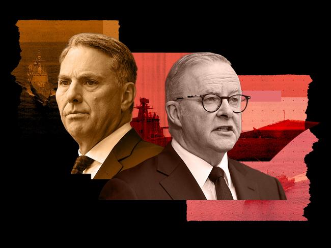 18 March 2025; a photo comp of Anthony Albanese and Richard Marles with Australian warships in the background for the Federal Budget 2025; Artwork by Emilia Tortorella. Sources: supplied and iStock. Ratio 4:3.