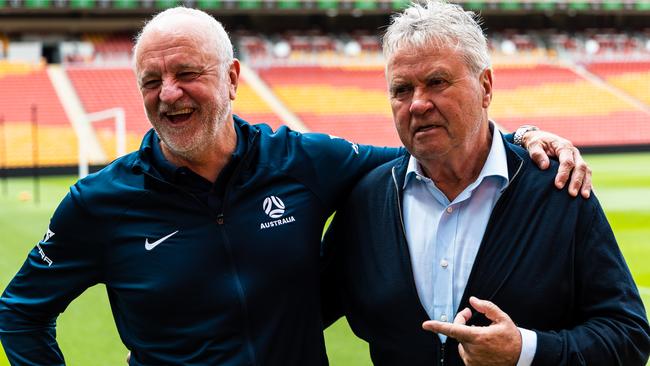 Arnold and Hiddink didn’t appear to miss a beat, laughing with each other at Suncorp on Wednesday. Picture: FFA